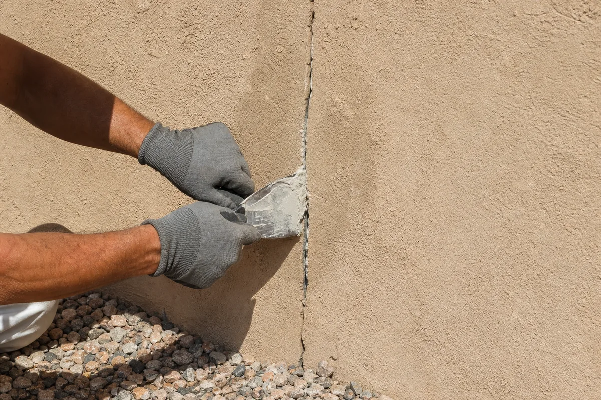 Contractor filling a crack in the stucco wall of a Scottsdale Arizona home